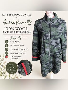 Anthropologie Fuel & Flower 100% Wool Camo Long Zip Coat Cardigan size M